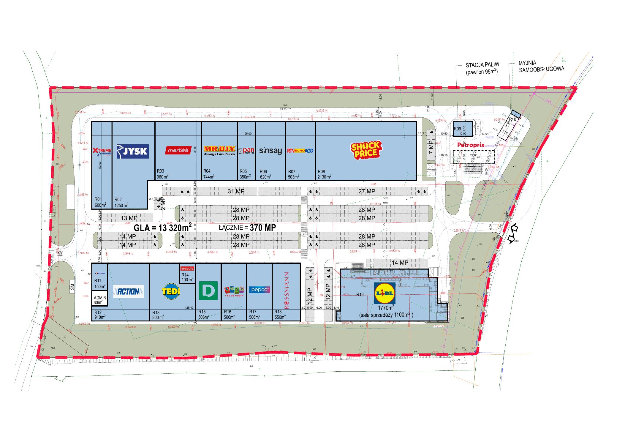 Plan zagospodarowania terenu SHOPLAND Mogilno z powierzchniami lokali